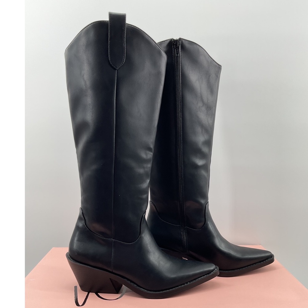 Wild Pair Womens Black Western Knee High Pointed Toe Block Heel Boots